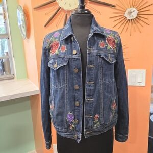 Blank NYC Small Blue Jean Jacket Embroidered Roses Distressed Cotton Denim